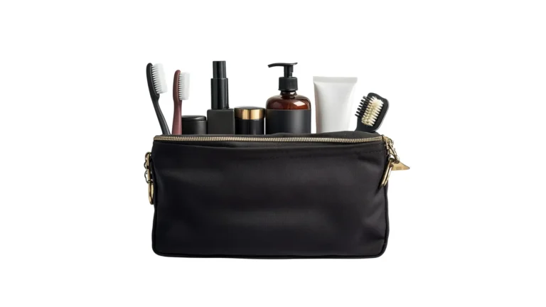 Estuche de viaje con elementos como cepillos de dientes, gel para cabello, y maquillaje diverso