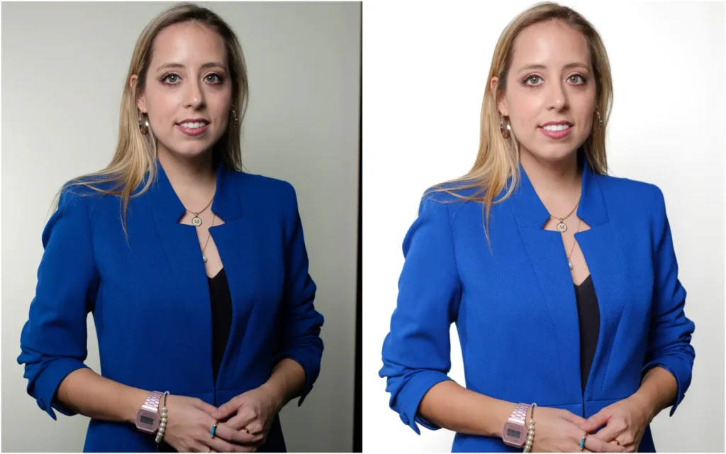 Dos imágenes de la misma persona, ilustrando el antes y después de la edición en retrato corporativo.