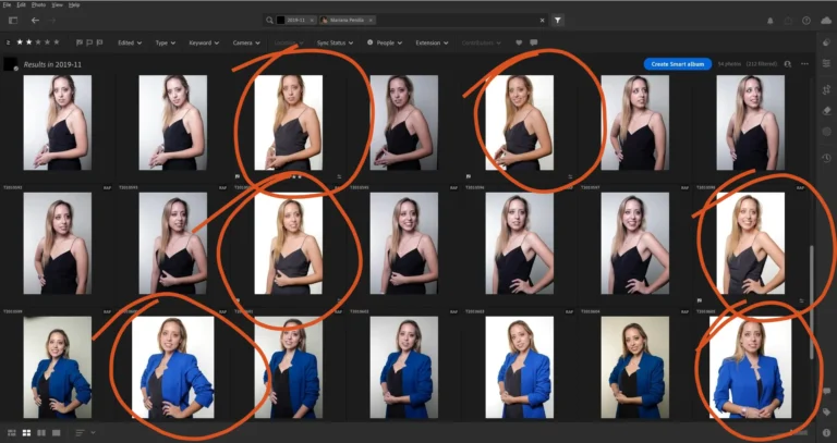Hoja de contacto que muestra imágenes seleccionadas. Parte de la edición en retrato corporativo.