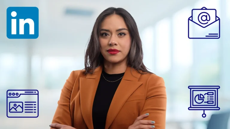 Ejemplo de dónde y cómo utilizar tu retrato corporativo. Muestra una mujer al centro, con iconos de linkedin, email, sitio web y presentaciones.
